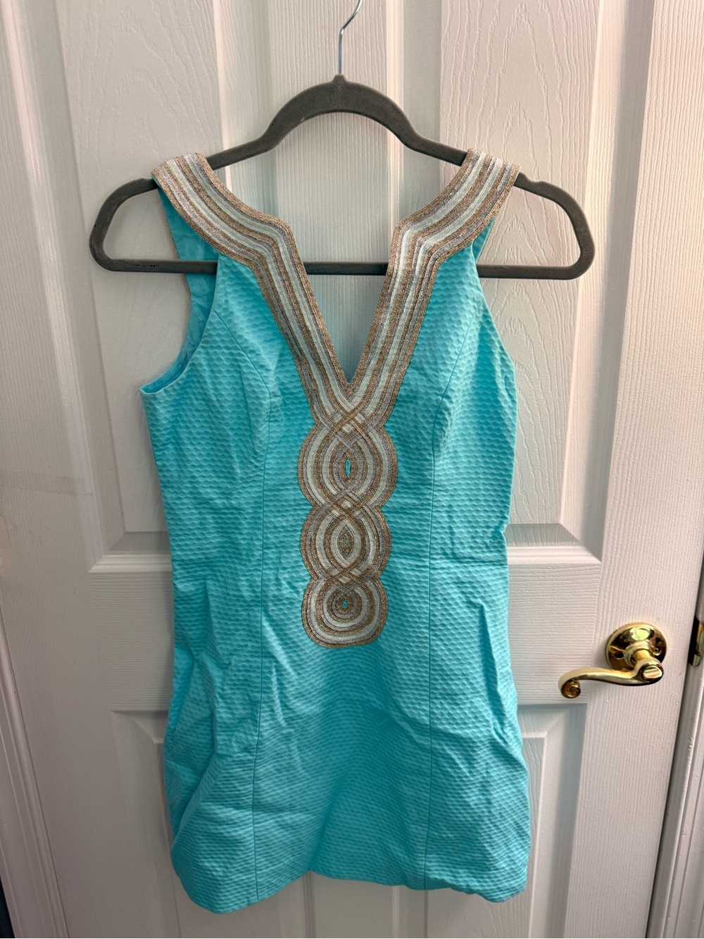 Lilly Pulitzer Turquoise Mini Dress with Gold-Cream Embellished V-Neck
